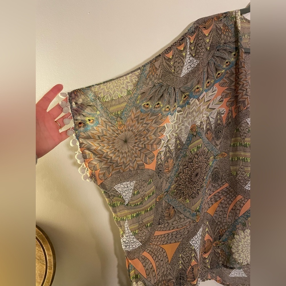 Umgee Brown and Colorful Shaw With Pom Fringe - Picture 2 of 4